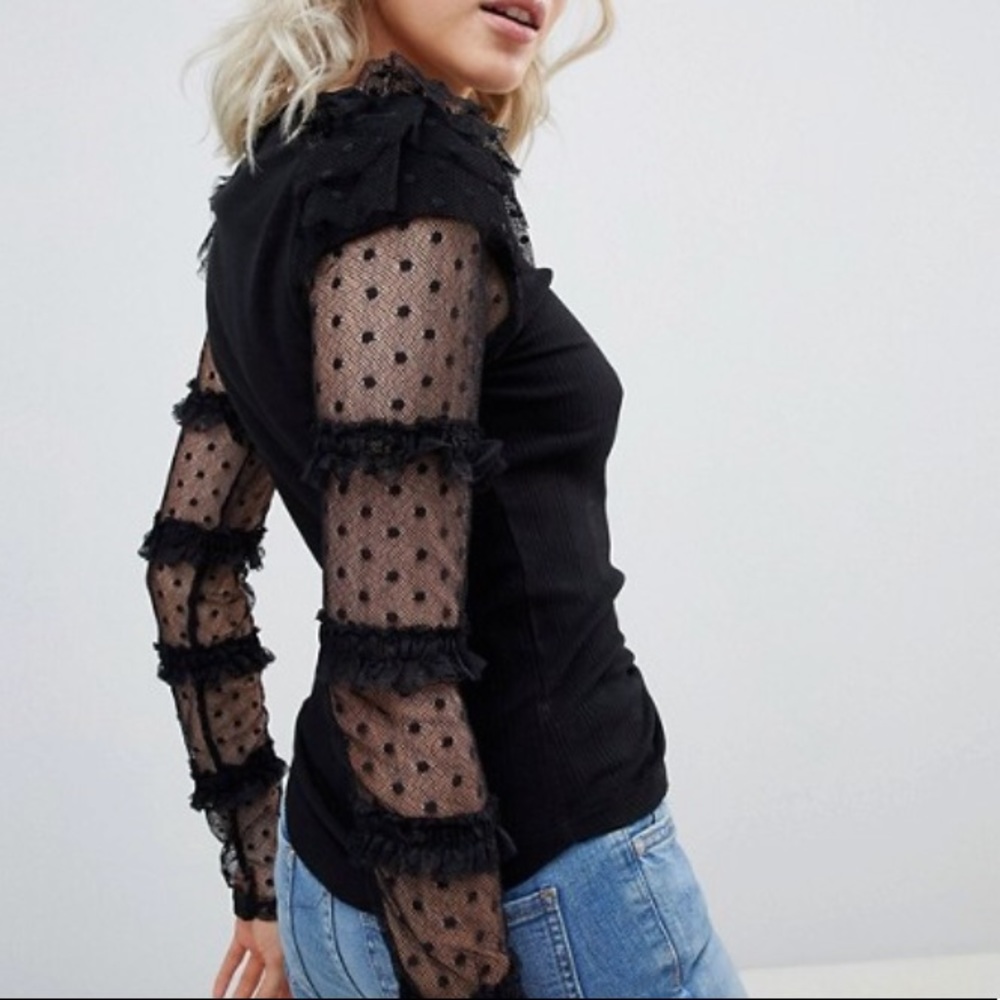 FREE PEOPLE Kiss Kiss Ruffle Lace Trim Mesh Top XS - Picture 2 of 9